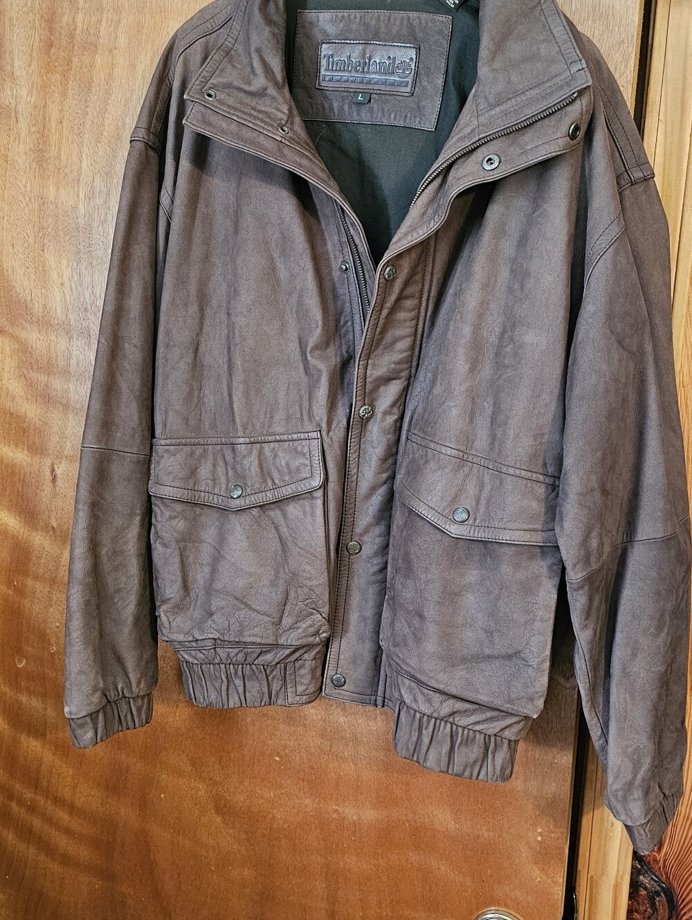 Timberland Brown Leather Bomber Jacket with Snap & Zipper Front